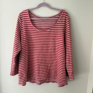 J Jill Striped Long Sleeve Top Stretch XL Red‎ Beige Cotton Blend Boat Neck